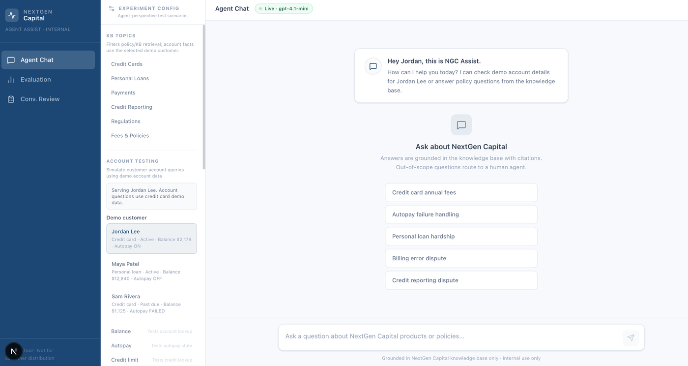 The agent assist view before a question comes in, with knowledge-base topics and demo accounts in the sidebar